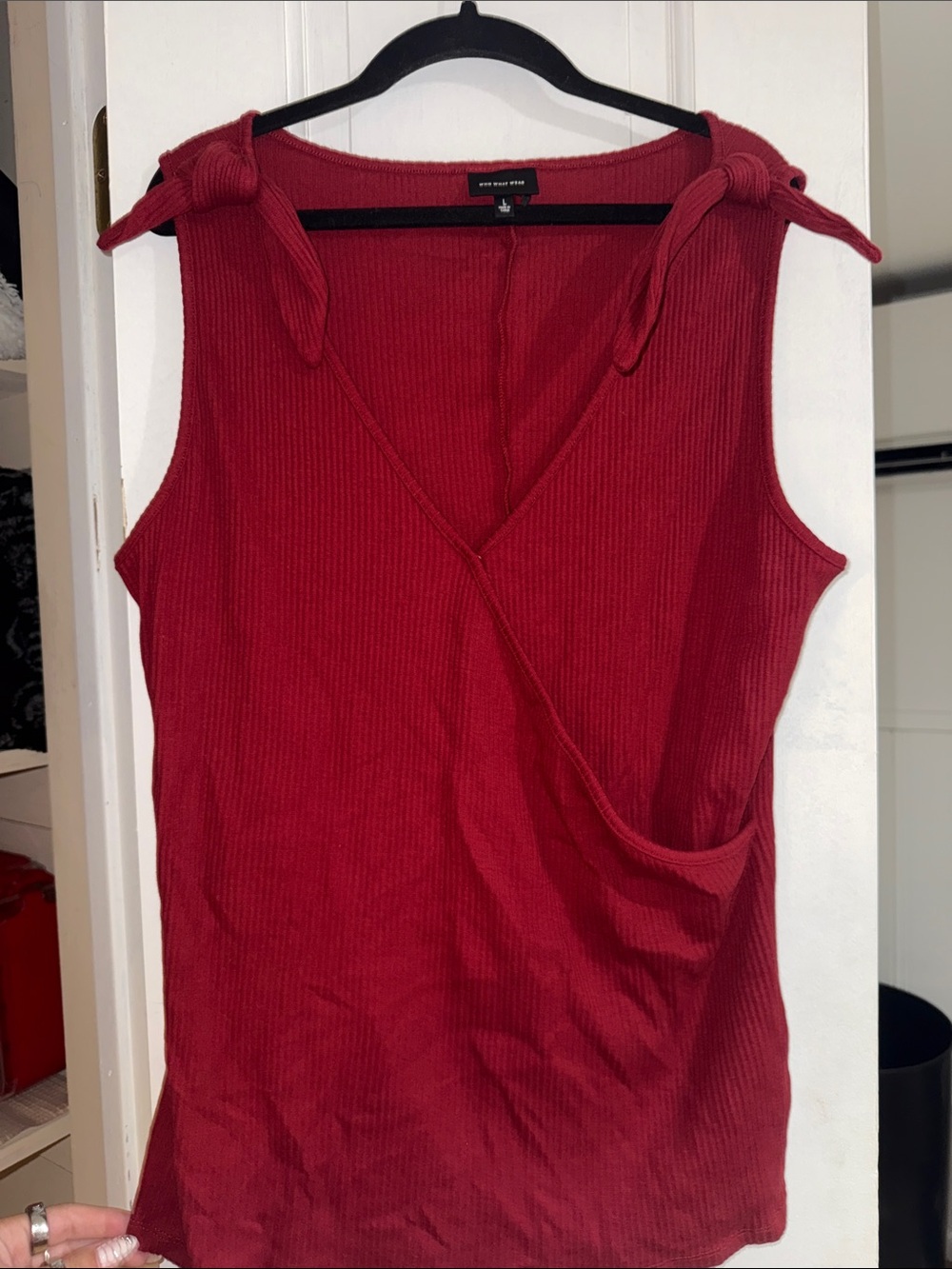 Who What Wear Red Ribbed Tie-Shoulder V-Neck Tank